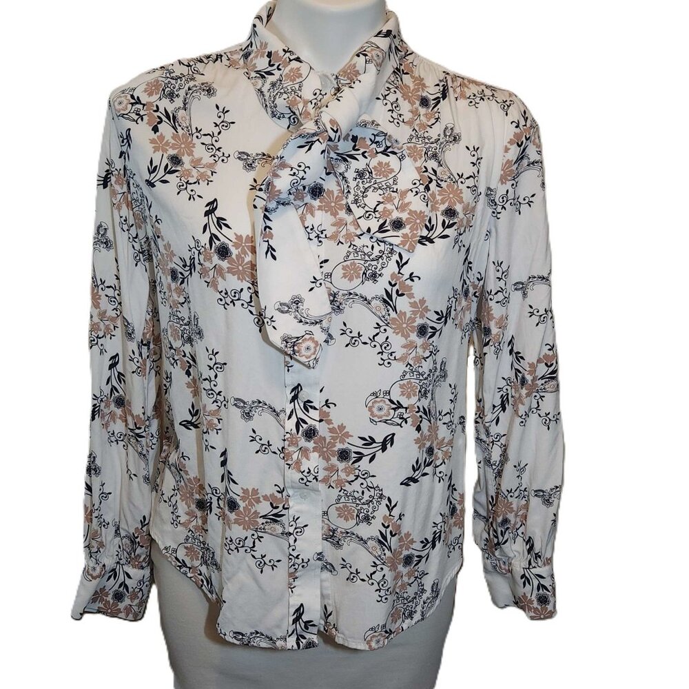 ❤️ 4/$20 Liz Claiborne blouse Women's medium White tan black floral Flowy Tie